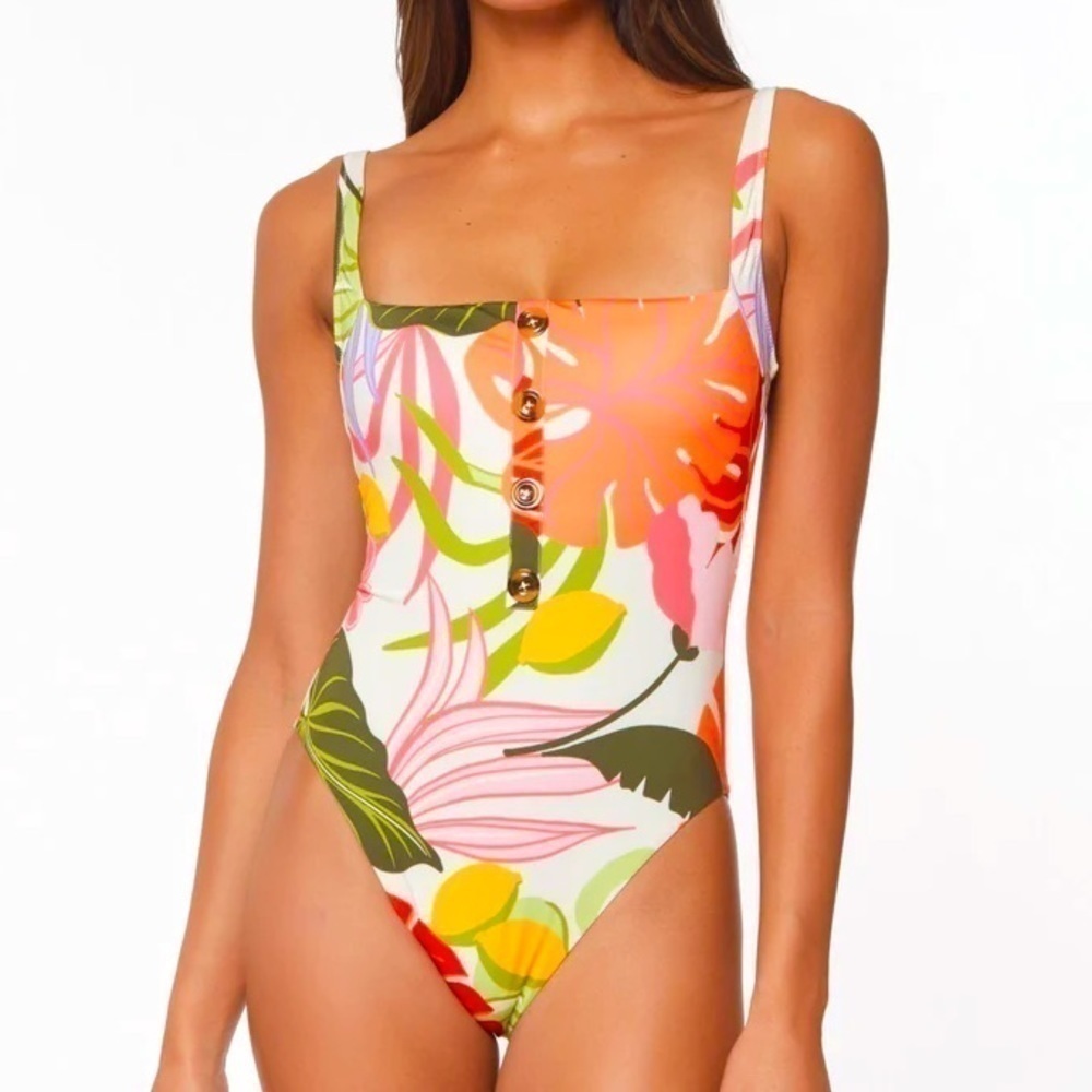 SANCTUARY Women's Green Plunge Fresh Squeezed Square Neck One Piece Swimsuit